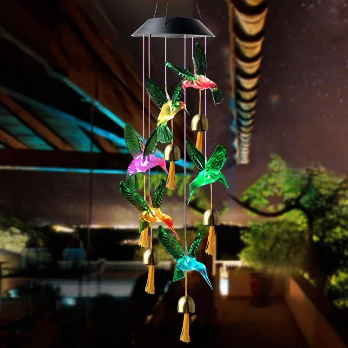 Color Changing Solar Power Wind Chime Crystal Ball Hummingbird Butterfly Waterproof Outdoor Windchime Light For Patio Yard Garde