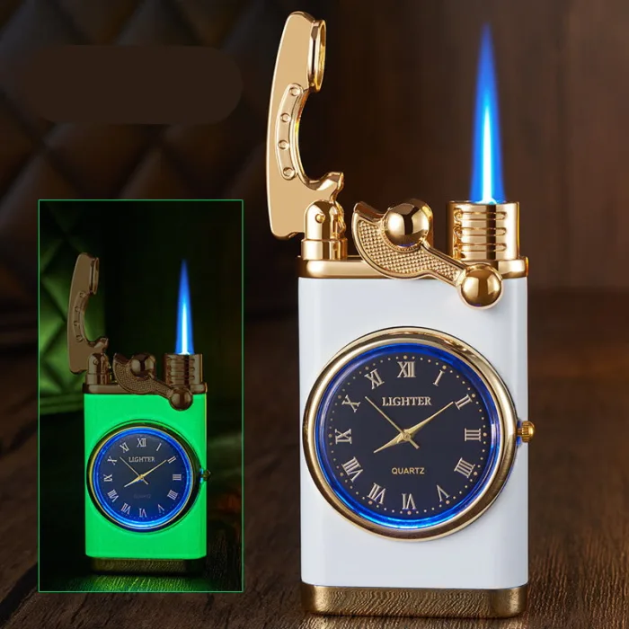 New Lighter With Electric Watch Rocker Arm Automatic Ignition Straight Blue Flame Lighter Creative Real Dial Inflatable Windproof Lighter Men's Watch Gift