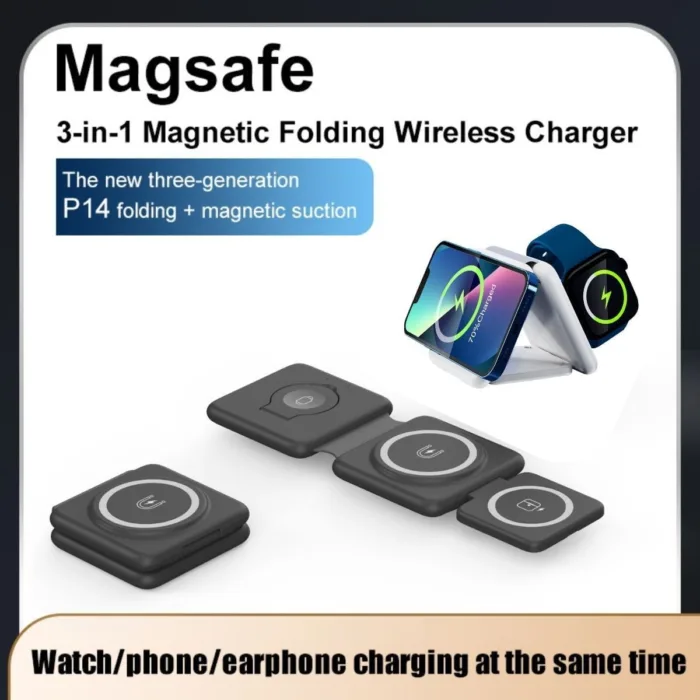 3 in 1 Fast Wireless Charging Pad, Foldable Wireless Charging Station, Folding Magnetic Suction Wireless Charger Pad Compatible with iPhones, iWatches, AirPods