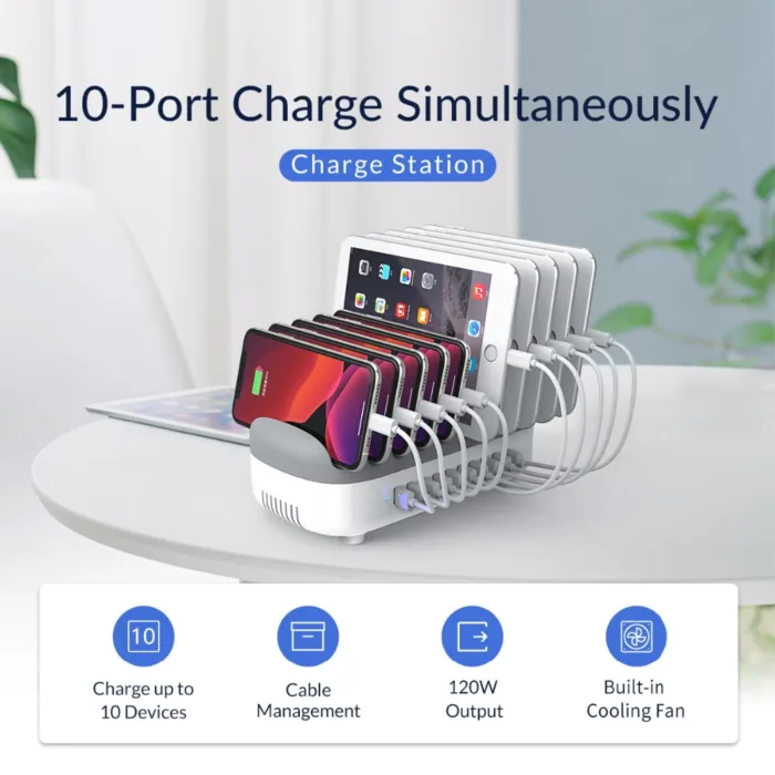 Super fast charger, Charge up to 10 devices at once, 10 Ports USB Charging Station, Multi-Device Charging Organizer for all smart devices